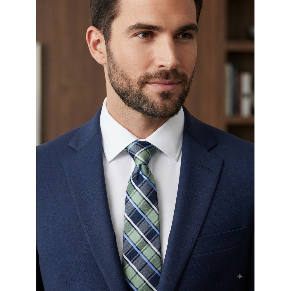 Stafford Signature Men's Green Navy Blue Plaid 100% Silk Necktie Accessories